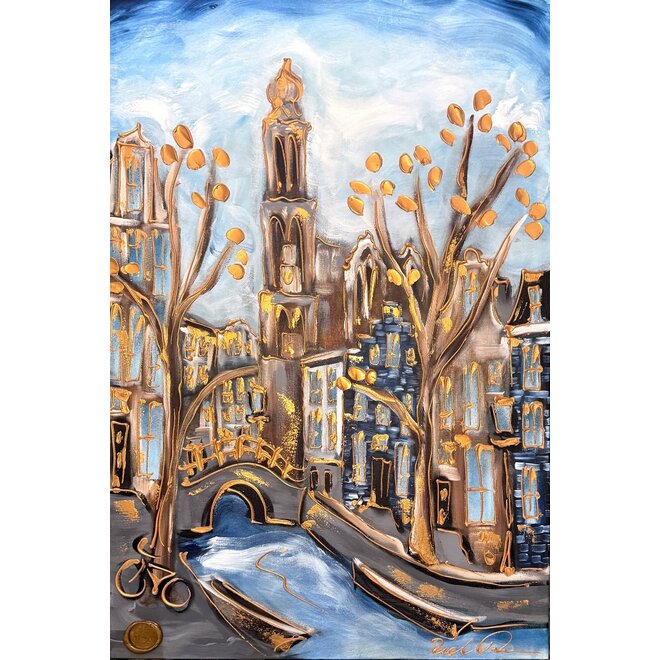 Schilderij- 80x120x4,5 cm - Rick Triest - Amsterdam Herengracht - Blue & Gold #134- Westertoren
