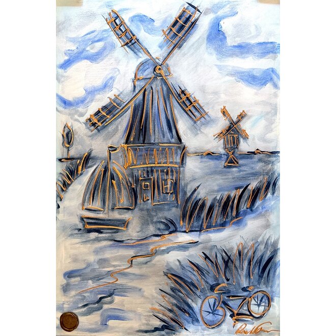 Painting- 80x120x4,5 cm - Rick Triest - Molen Holland Delft blauw & Gold - 1