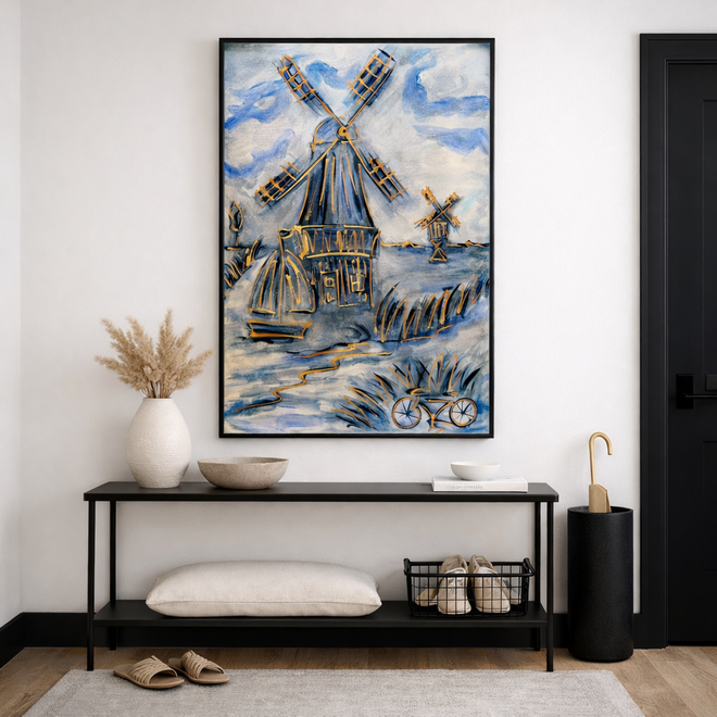 Painting- 80x120x4,5 cm - Rick Triest - Molen Holland Delft blauw & Gold - 1