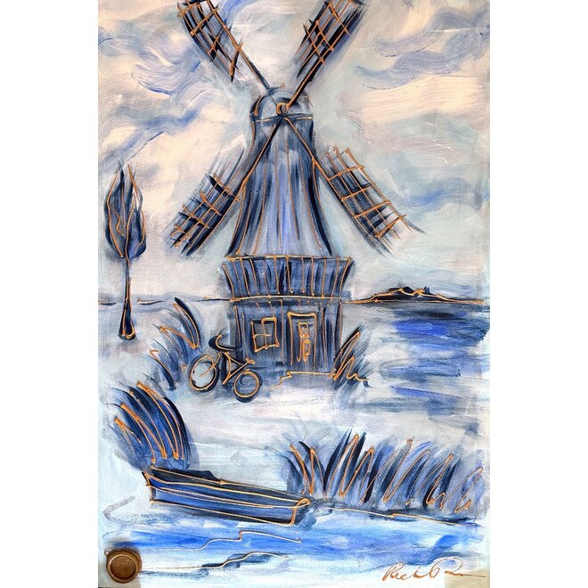 Schilderij- 80x120x4,5 cm - Rick Triest - Molen Holland Delft blauw & Gold - 2