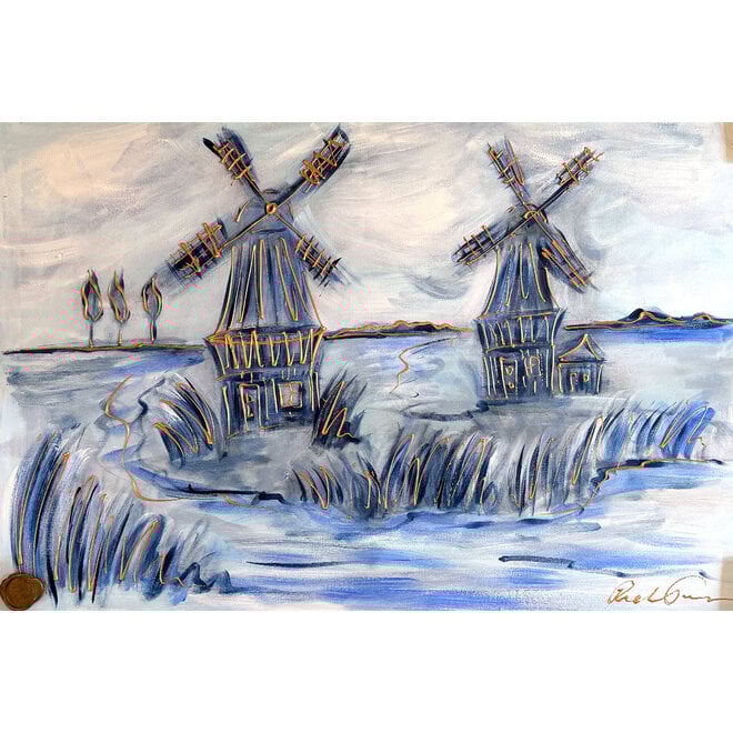 Painting- 80x120x4,5 cm - Molen Holland Delft blauw & Gold - 3