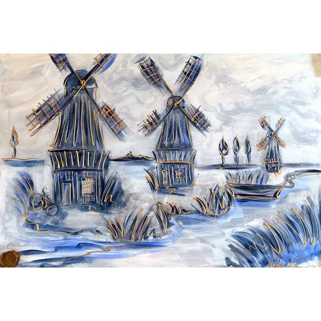 Painting- 80x120x4,5 cm - Molen Holland Delft blauw & Gold - 4