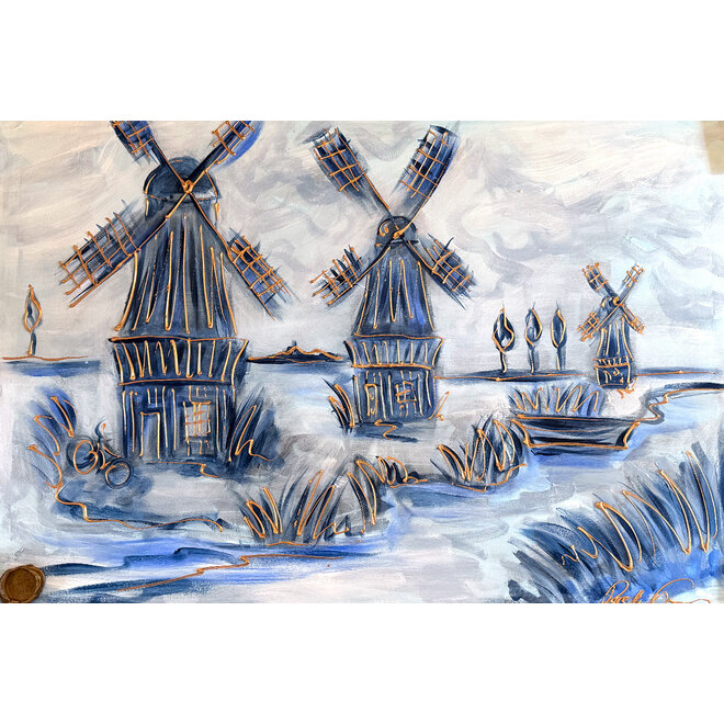Schilderij- 80x120x4,5 cm - Rick Triest - Molen Holland Delft blauw & Gold - 4