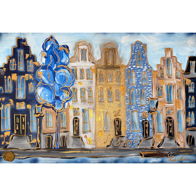 Schilderij- 80x120x4,5 cm - Rick Triest - Amsterdam Herengracht - Blue & Gold #136