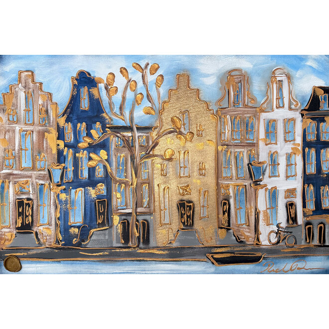 Schilderij- 80x120x4,5 cm - Rick Triest - Amsterdam Herengracht - Blue & Gold #139