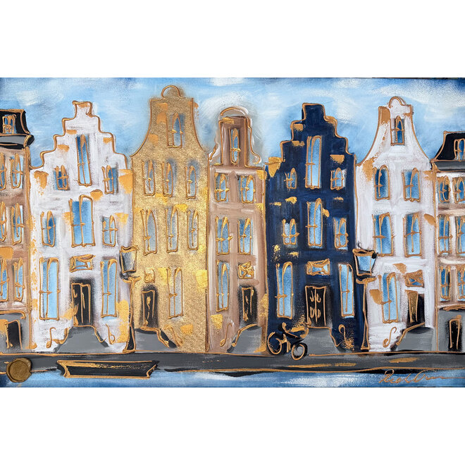 Schilderij- 80x120x4,5 cm - Rick Triest - Amsterdam Herengracht - Blue & Gold #143