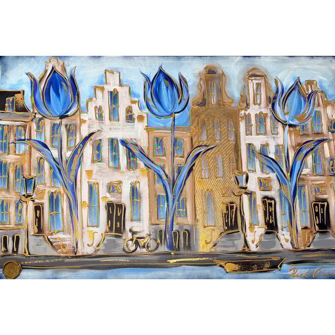 Painting- 80x120x4,5 cm - Amsterdamse grachtenhuizen met blauwe tulpen #1