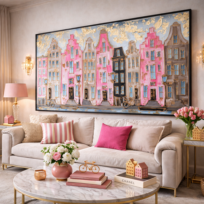 Schilderij- 100x200cm - Amsterdam Herengracht -Blue & Gold - XL - Pink 2