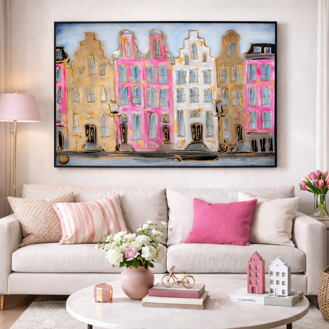 Painting- 80x120x4,5 cm - Amsterdam Herengracht - Blue & Gold #145