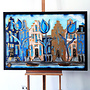 Painting- 80x120x4,5 cm - Rick Triest - Amsterdamse grachtenhuizen met blauwe tulpen #2