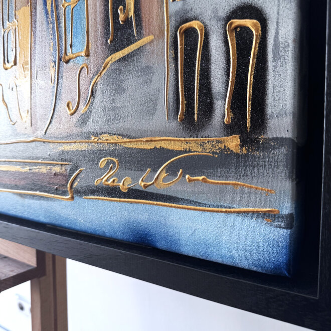 Painting- 80x120x4,5 cm - Rick Triest - Amsterdamse grachtenhuizen met blauwe tulpen #2