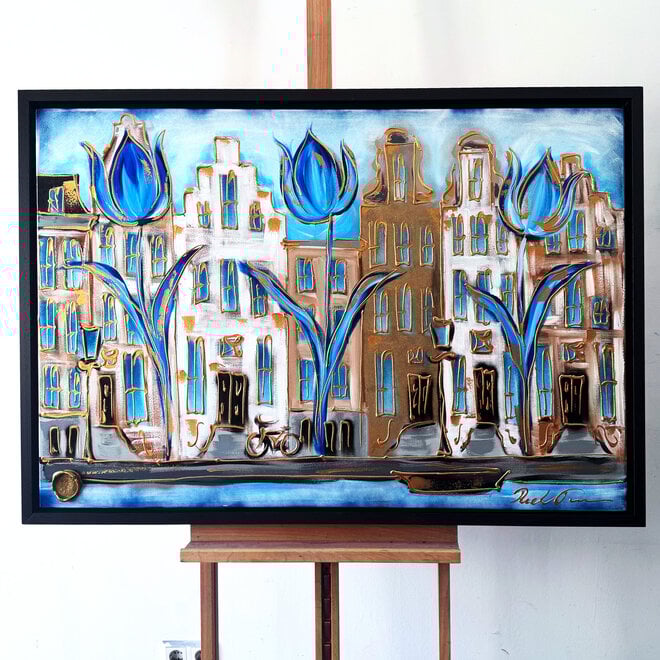 Schilderij- 80x120x4,5 cm - Amsterdamse grachtenhuizen met blauwe tulpen #1