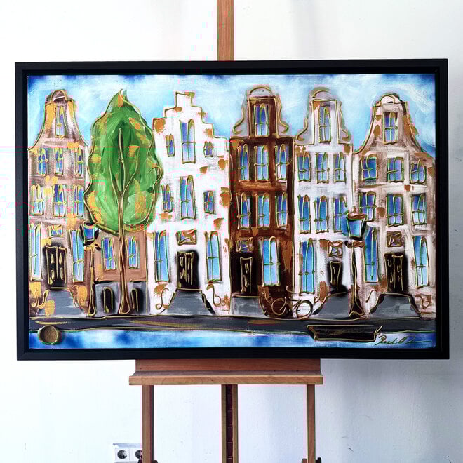 Schilderij- 80x120x4,5 cm - Amsterdam Herengracht - Blue & Gold #151
