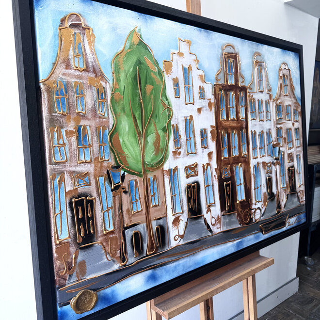 Schilderij- 80x120x4,5 cm - Rick Triest - Amsterdam Herengracht - Blue & Gold #151