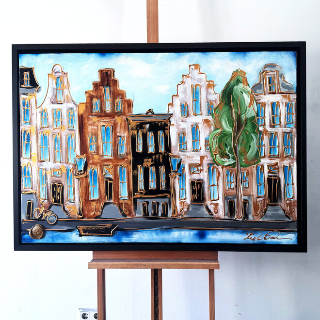 Schilderij- 80x120x4,5 cm - Amsterdam Herengracht - Blue & Gold #150