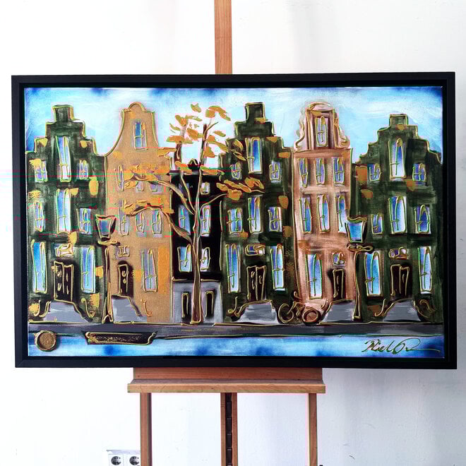Schilderij- 80x120x4,5 cm - Amsterdam Herengracht - Blue & Gold #149