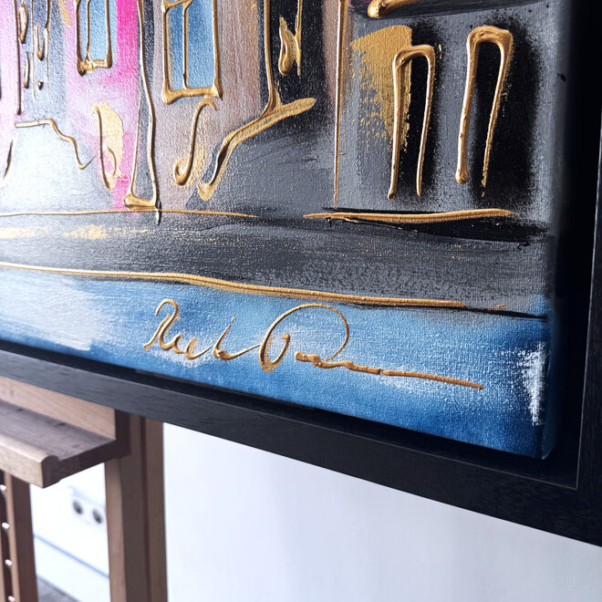 Schilderij- 80x120x4,5 cm - Rick Triest - Amsterdam Herengracht - Blue & Gold #148