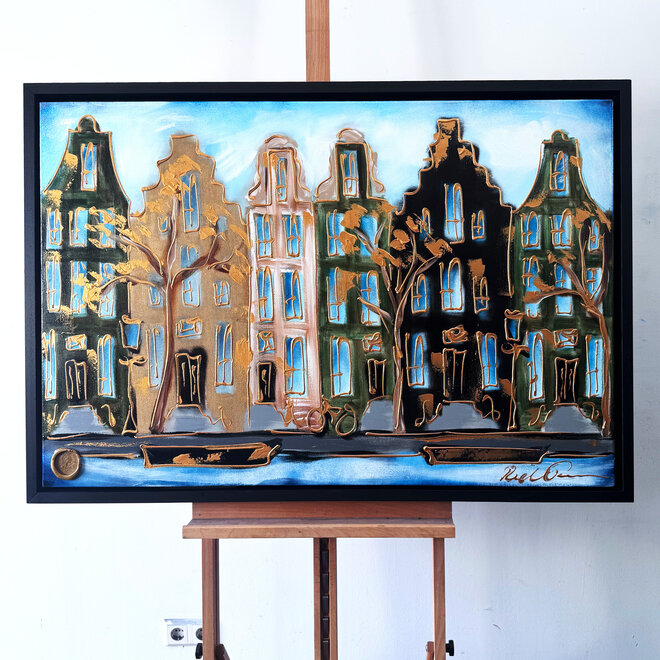 Schilderij- 80x120x4,5 cm - Amsterdam Herengracht - Blue & Gold #146