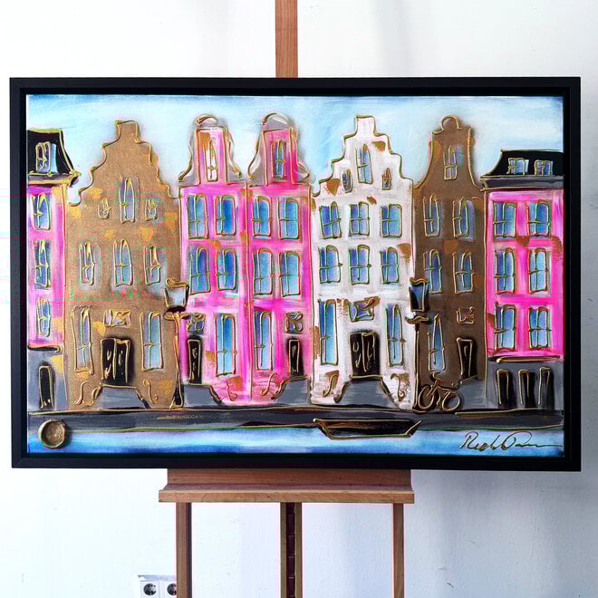 Schilderij- 80x120x4,5 cm - Amsterdam Herengracht - Blue & Gold #145
