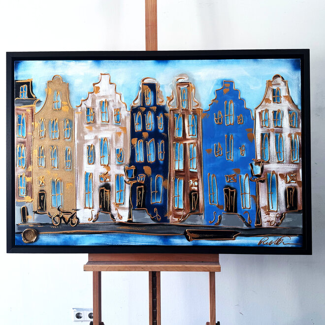 Schilderij- 80x120x4,5 cm - Rick Triest - Amsterdam Herengracht - Blue & Gold #144