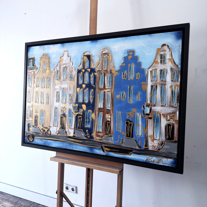 Schilderij- 80x120x4,5 cm - Rick Triest - Amsterdam Herengracht - Blue & Gold #144