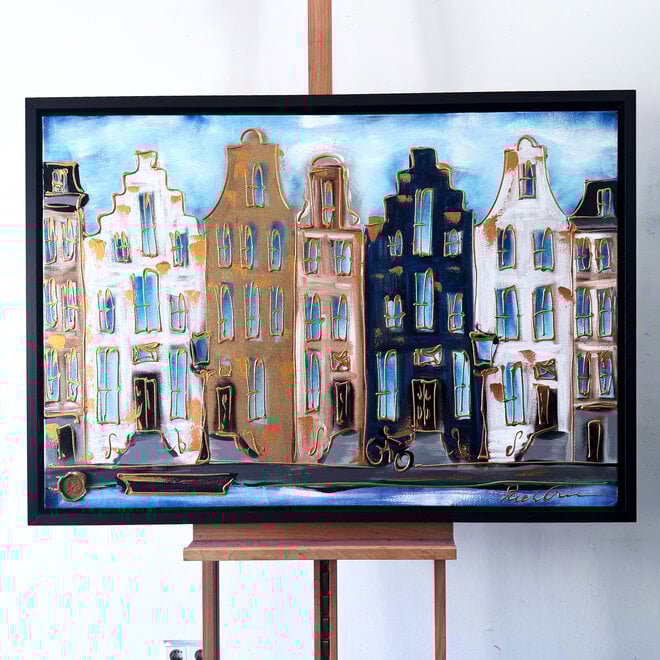 Schilderij- 80x120x4,5 cm - Amsterdam Herengracht - Blue & Gold #143
