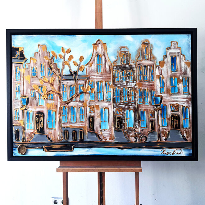 Schilderij- 80x120x4,5 cm - Rick Triest - Amsterdam Herengracht - Blue & Gold #141
