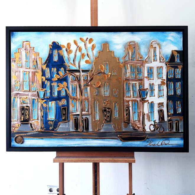 Painting- 80x120x4,5 cm - Amsterdam Herengracht - Blue & Gold #139