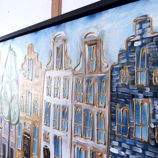 Schilderij- 80x120x4,5 cm - Rick Triest - Amsterdam Herengracht - Blue & Gold #137