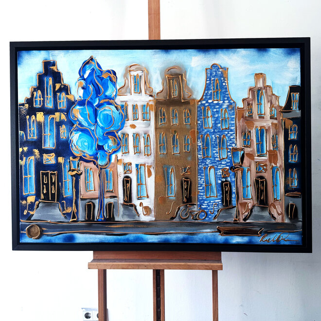 Schilderij- 80x120x4,5 cm - Rick Triest - Amsterdam Herengracht - Blue & Gold #136