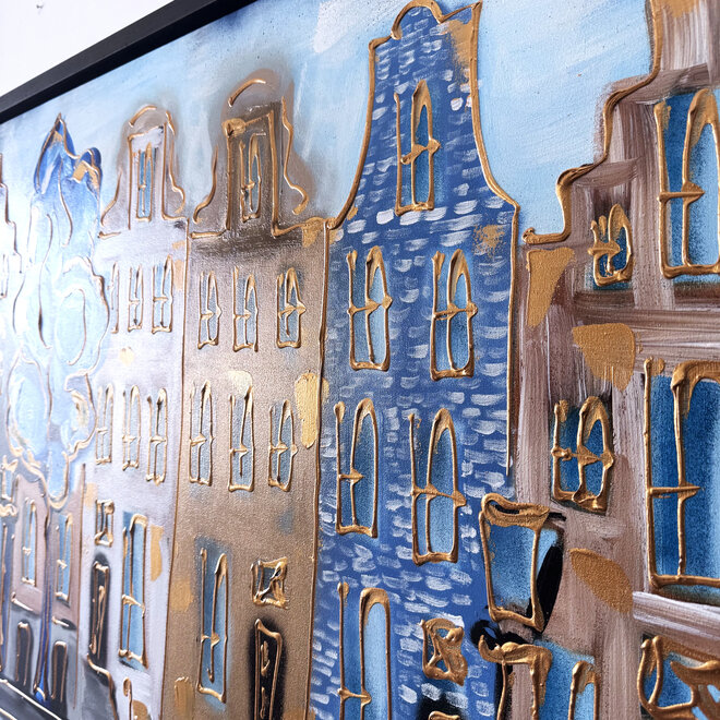 Schilderij- 80x120x4,5 cm - Rick Triest - Amsterdam Herengracht - Blue & Gold #136
