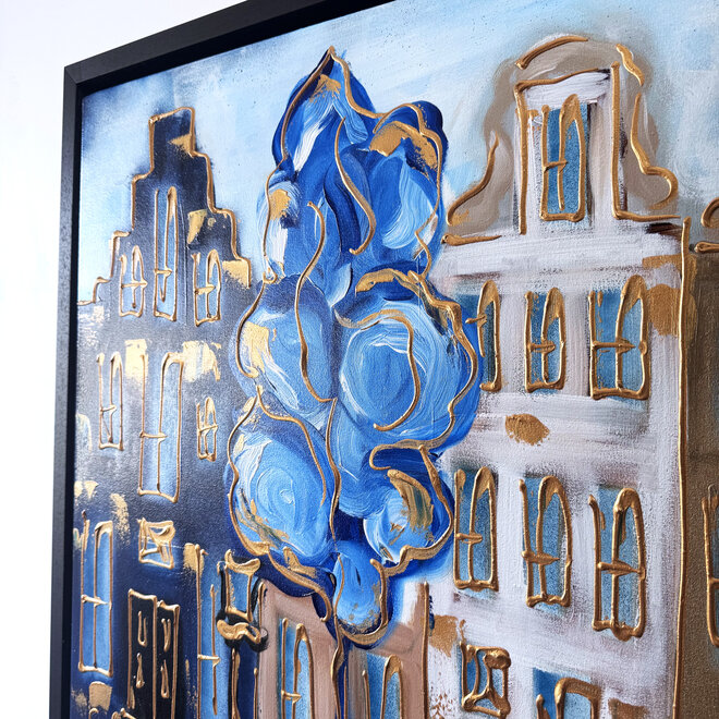 Schilderij- 80x120x4,5 cm - Rick Triest - Amsterdam Herengracht - Blue & Gold #136