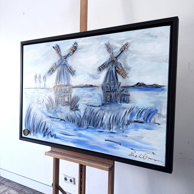 Schilderij- 80x120x4,5 cm - Rick Triest - Molen Holland Delft blauw & Gold - 3