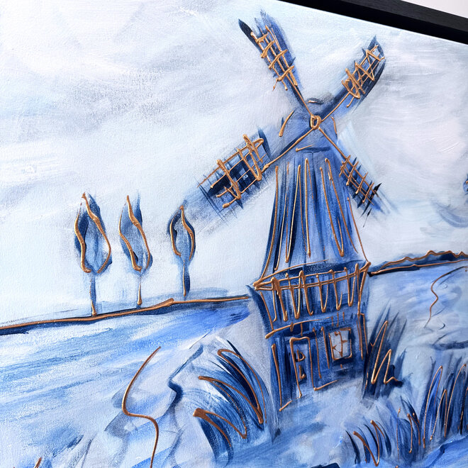 Schilderij- 80x120x4,5 cm - Rick Triest - Molen Holland Delft blauw & Gold - 3