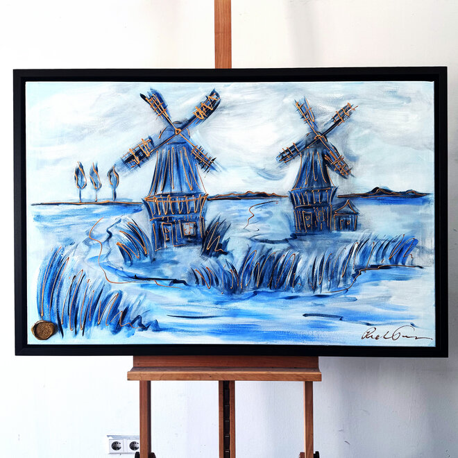 Schilderij- 80x120x4,5 cm - Rick Triest - Molen Holland Delft blauw & Gold - 3