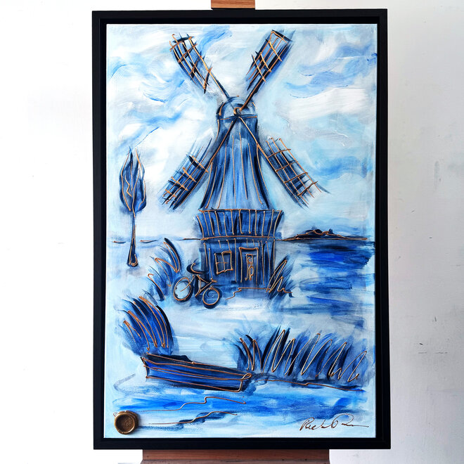 Painting- 80x120x4,5 cm - Molen Holland Delft blauw & Gold - 2