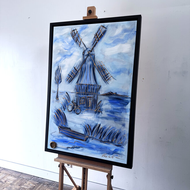 Painting- 80x120x4,5 cm - Rick Triest - Molen Holland Delft blauw & Gold - 2