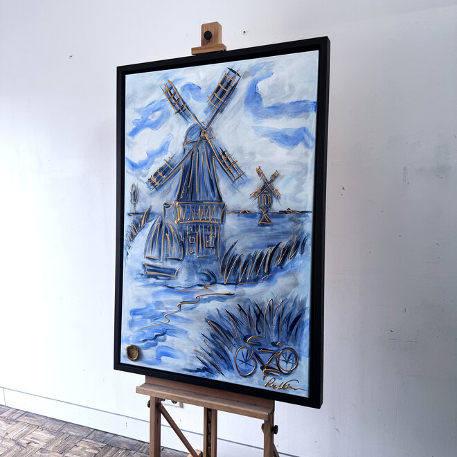 Schilderij- 80x120x4,5 cm - Rick Triest - Molen Holland Delft blauw & Gold - 1