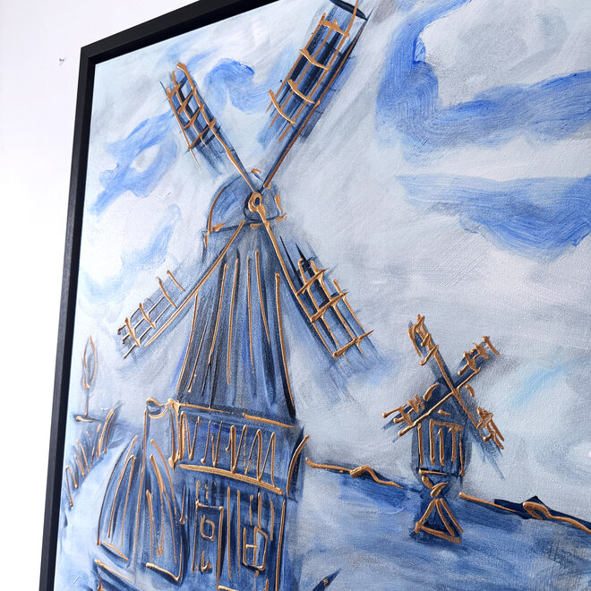 Schilderij- 80x120x4,5 cm - Rick Triest - Molen Holland Delft blauw & Gold - 1