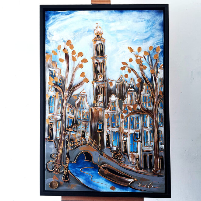 Schilderij- 80x120x4,5 cm - Amsterdam Herengracht - Blue & Gold #132- Westertoren