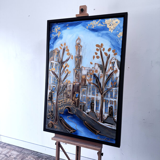 Painting- 80x120x4,5 cm - Rick Triest - Amsterdam Herengracht - Blue & Gold #131- Westertoren