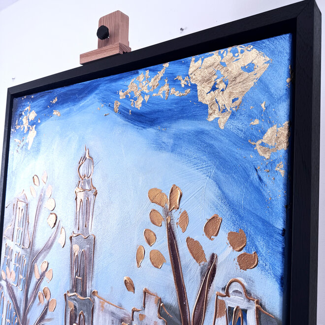 Schilderij- 80x120x4,5 cm - Rick Triest - Amsterdam Herengracht - Blue & Gold #131- Westertoren