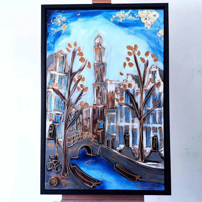 Schilderij- 80x120x4,5 cm - Amsterdam Herengracht - Blue & Gold #131- Westertoren
