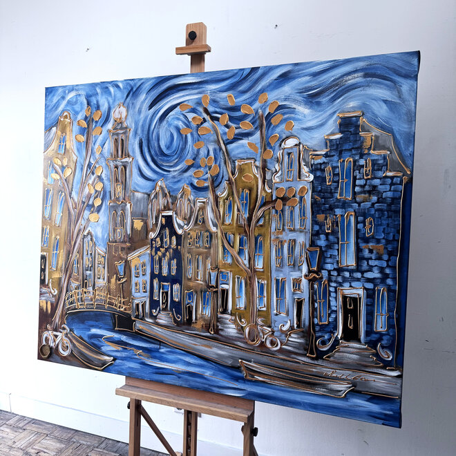 Painting- 120x150cm - Rick Triest - Amsterdam Prinsengracht - Blue & Gold #29