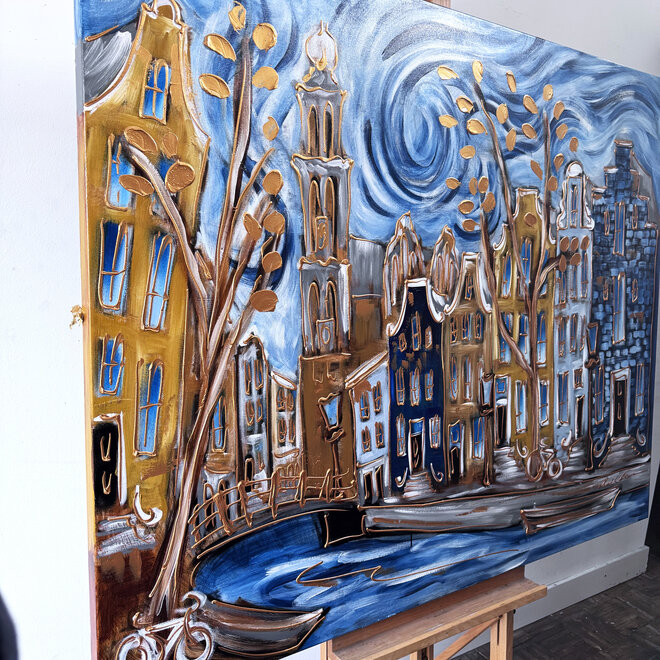Painting- 120x150cm - Rick Triest - Amsterdam Prinsengracht - Blue & Gold #29
