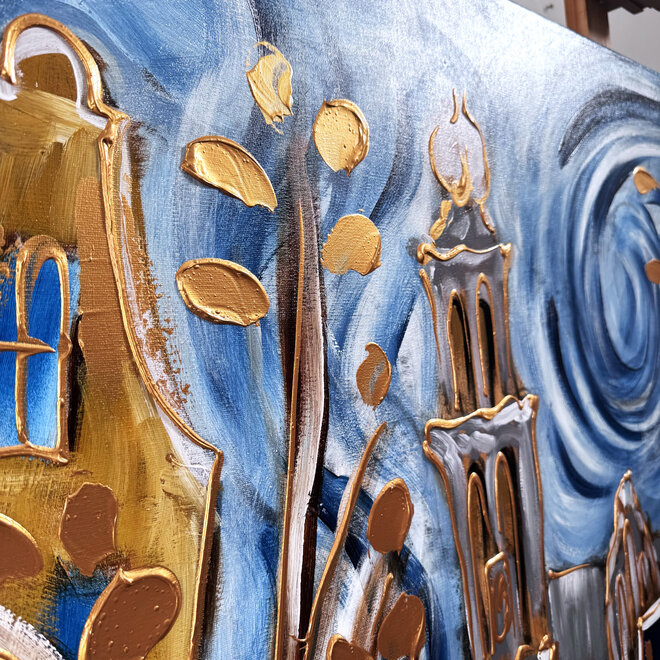 Schilderij- 120x150cm - Rick Triest - Amsterdam Prinsengracht - Blue & Gold #29