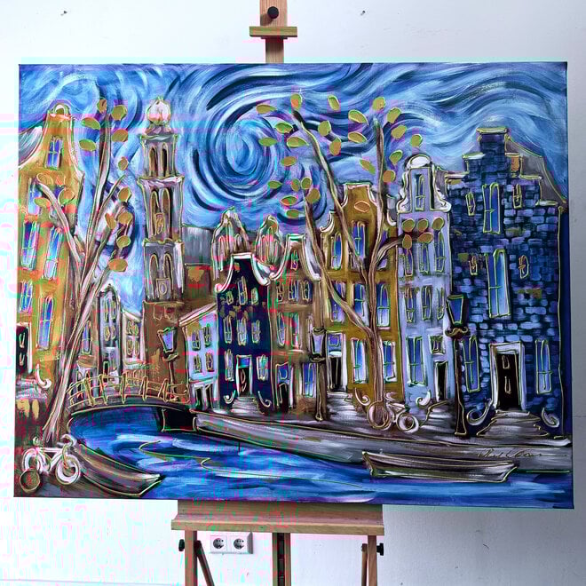 Schilderij- 120x150cm - Amsterdam Prinsengracht - Blue & Gold #29