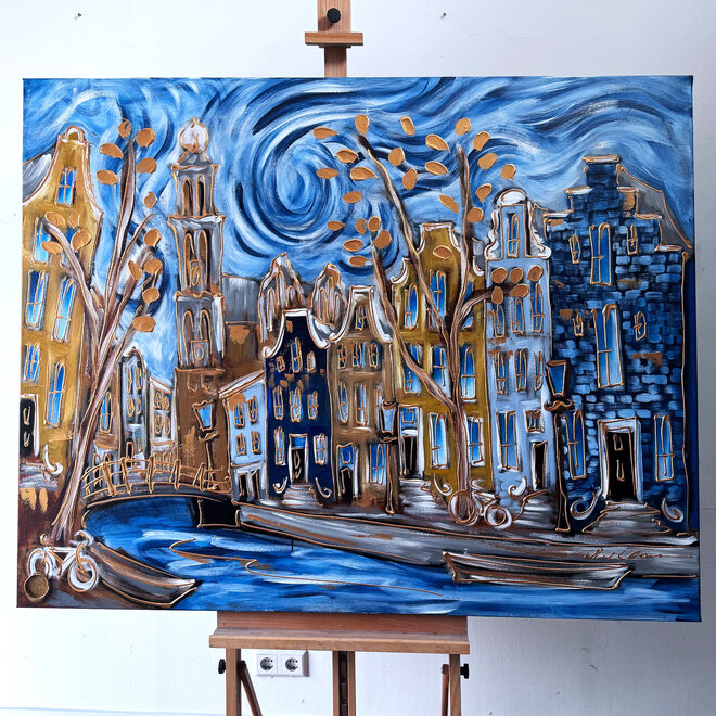 Schilderij- 120x150cm - Rick Triest - Amsterdam Prinsengracht - Blue & Gold #29