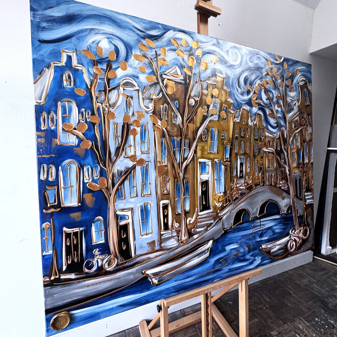 Schilderij- 120x150cm - Rick Triest - Amsterdam Prinsengracht - Blue & Gold #30