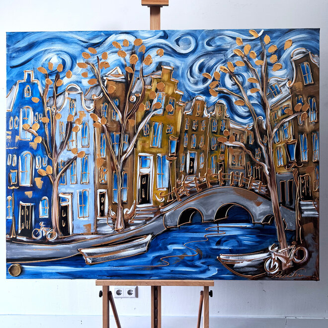 Painting- 120x150cm - Rick Triest - Amsterdam Prinsengracht - Blue & Gold #30